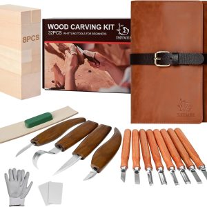 IMYMEE Deluxe Wood Carving Kit with Leather Case,Wood Carving Tools Set with Wood Carving Knife,Detail Knives,Basswood Blocks,Gloves,Strop Block,Polishing Compound for Whittling Kit Hobbies for Adults