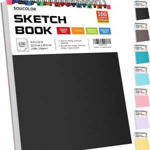 Soucolor 9" x 12" Sketch Book, 1-Pack 100 Sheets Spiral Bound Art Sketchbook, (68lb/100gsm) Acid Free Artist Drawing Book Paper Painting Sketching Pad for Kids Students Adults Beginners