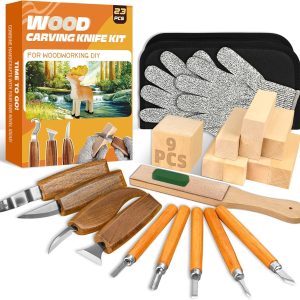 Wood Carving Kit, 23pcs Wood Carving Tool with 4PCS Wood Carving Knives & 5PCS Detail Knives 9 Basswood Blocks & Gloves & Roll Bag & Strop Block & Polishing Compound Whittling Kit Hobbies for Adults